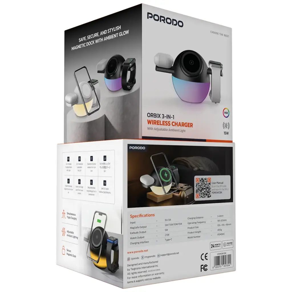 شارژر بیسیم پرودو مدل Porodo -Orbix 3-in-1
