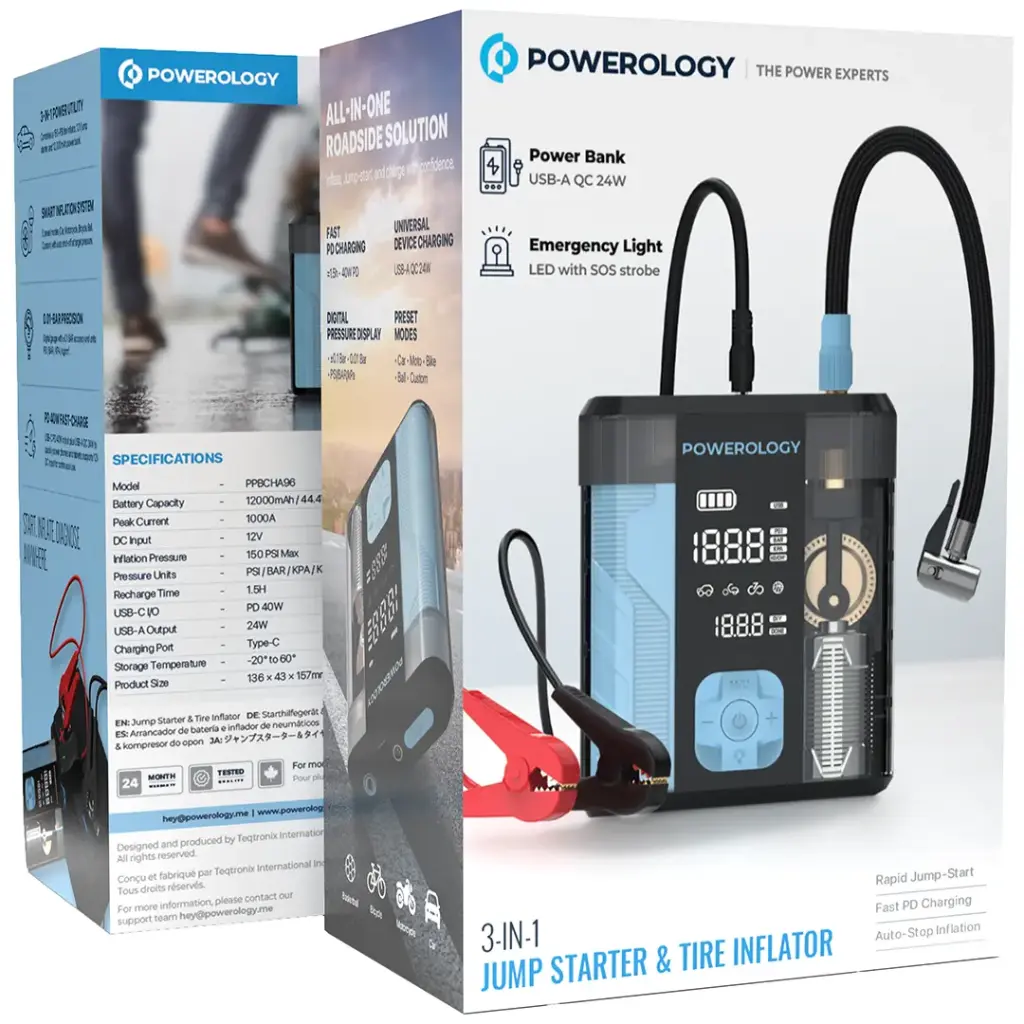 جامپ استارتر و پمپ باد و پاوربانک پاورولوژی Powerology 3-In-1 -PPBCHA96BKBU